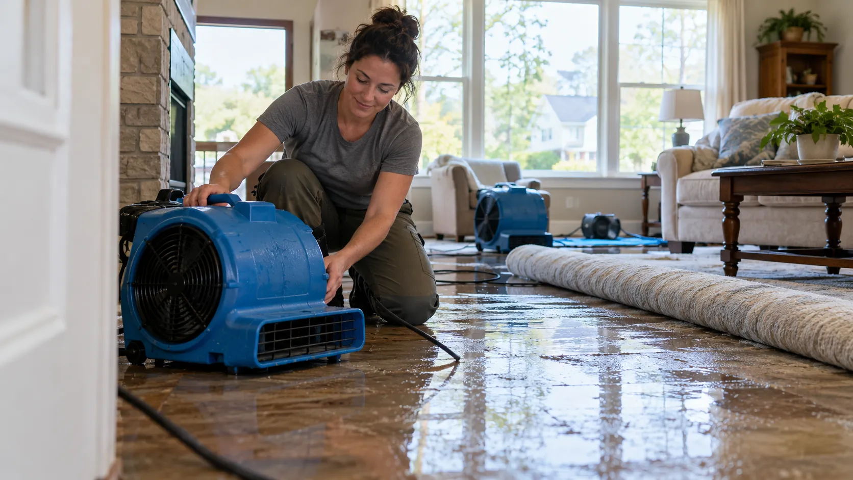 Water damage restoration technician drying a flooded living room in Daytona Beach